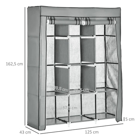 Rootz Storage Cabinets - Fabric Closet - Non-woven Fabric - Laundry Room - Storage Solution - 8 Shelves - 2 Clothes - Rails - Plastic - Light gray - 125L x 43W x 162.5H cm