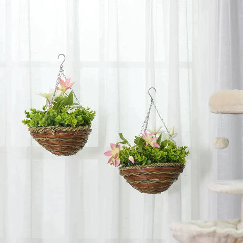 Rootz Clematis Florida Thunb - 2 Artificial Clematis Flowers - Artificial Plants Hanging - Plant Clematis In A Pot - With Hooks Decoration - Pink/Green - 30 x 30 x 32 cm