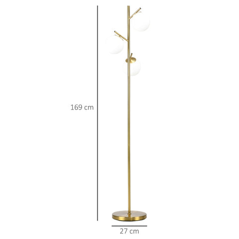 Rootz Floor Lamp - Retro Design - Stable Metal Base - Smooth Rod - Long Power Cable - 3 Lampshades - Suitable For LED - Iron+Glass - Gold+White - Ø27 x 169H cm