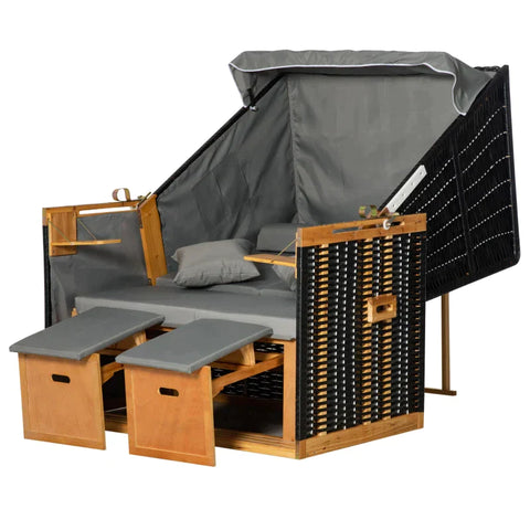 Rootz Beach Chair - 2 People With Reclining Backrest - Decorative Cushions - Back Cushions - Footrest Cushions - Wood - PE Rattan - Polyester - Foam - Light Grey - 118 x 79 x 160cm