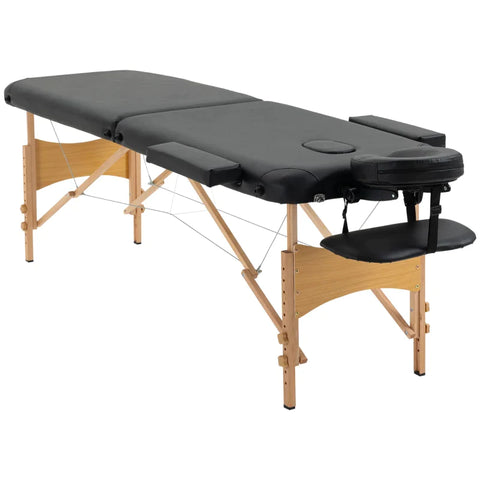 Rootz Portable Massage Bed - Folding Spa - Beauty Massage Table - 2 Sections - Headrest Beech - Carry Bag - Wooden Frame - Black - 215L x 80W x 61-88Hcm