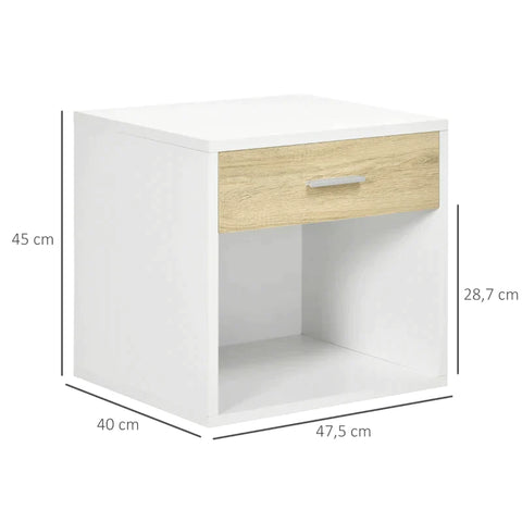 Rootz Bedside Table - Side Table - With Drawer - In Wood Look - Chipboard - White - 47.5 x 40 x 45cm