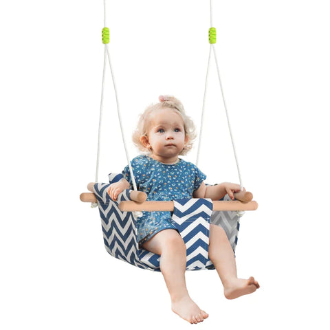 Rootz Children's Swing - Swing with Safety Belt -  Foldable Baby Swing - Toddler Swing - Wood - Blue/White - 40 x 40 x 180 cm