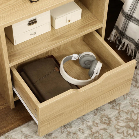 Rootz Bedside Table - 2 Shelves - Open Storage Compartment - Drawer - Chipboard - Wood Look - Natural - 45 x 35 x 73 cm