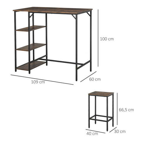 Rootz Bar Table Set - 2 Bar Stools - 3 Shelves - 3-Part - Brown - Black - Processed Wood - Steel