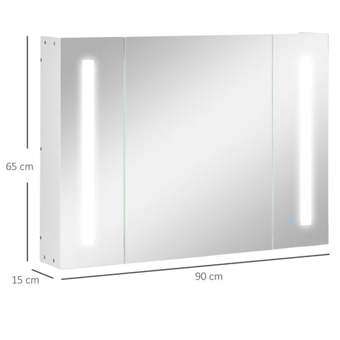 Rootz Mirror Cabinet - Bathroom Cabinet With LED Lighting - 3 Mirrored Doors - White - 90 × 15 × 65 cm