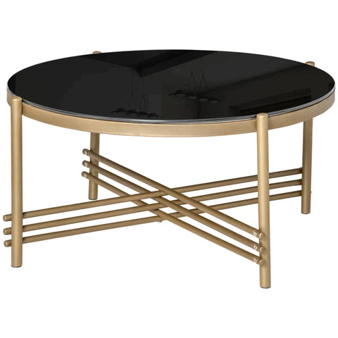 Rootz Couchtisch – runder Couchtisch mit Platte aus gehärtetem Glas – goldene Metallbeine – Akzent-Cocktailtisch für Wohnzimmer