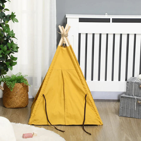 Rootz Pet Bed - Funny Teepee Design - with Soft Lounger Cushion - Floor Mat - for Dogs and Cats - Yellow - 60 x 60 x 76 cm
