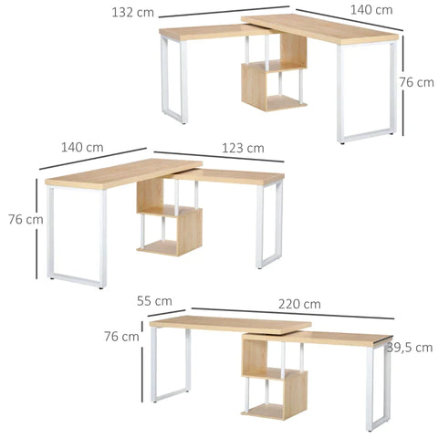 Rootz Corner Desk - Kitchen Table - L-shape Desk With Shelves - Corner Desk - Pc Table - Computer Desk - Office Table - White/Oak - 220 x 55 x 76 cm