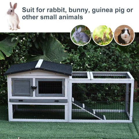 Rootz Small Animal Hutch - Rabbit Hutch - Guinea Pig Hutch - Outdoor Enclosure Cage - Outdoor Animal Hutch - Fir Wood - Light Grey - 150 cm x 52.5 cm x 68 cm