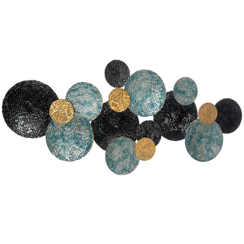Rootz Metal Wall Decor - 3D Wall Art with Circles - Wall Decoration - Gold + Blue + Black - 121cm x 4cm x 53 cm