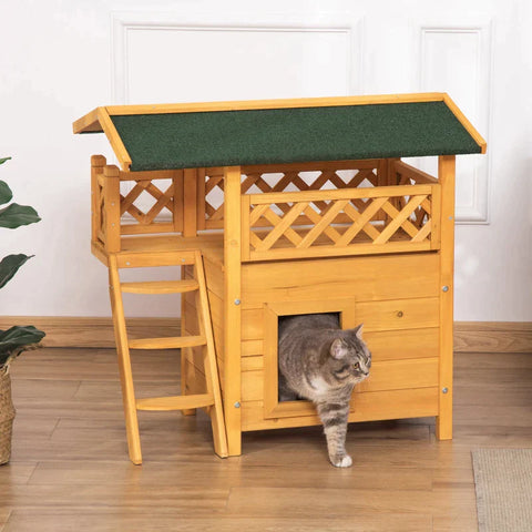 Rootz Small Animal Hutch - Cat House - Rabbit Hutch - Cat Cave - Bunny Cage - Fir Wood - Natural/Green - 77 x 50 x 73 cm