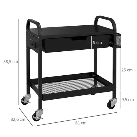 Rootz Kitchen Trolley - 1 Drawer - Side Hooks - 1 Shelf - 4 Wheels - Small Basket - Multi-purpose Trolley - Plastic+steel - Black - 61L x 32.6W x 58.5Hcm