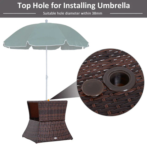 Rootz Garden Side Table - Rattan Tea Table - Coffee Table - Tea Table - Bistro Side Table - Umbrella Hole And Storage Space - Brown - 54 x 54 x 55 cm
