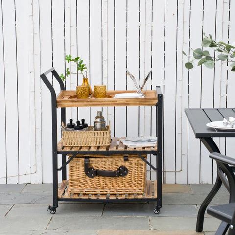Rootz Outdoor Serving Trolley - Three Levels - Four Wheels - Steel Frame - Natural Wood - Natural + Black - 79 x 50 x 90cm