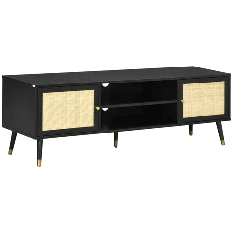 Rootz Tv Bench - Boho Design - Tv Cabinet - Rattan Elements - Solid Wood Legs - 1 Shelf 2 Cabinets - Black + Natural - 150L x 39W x 49H cm