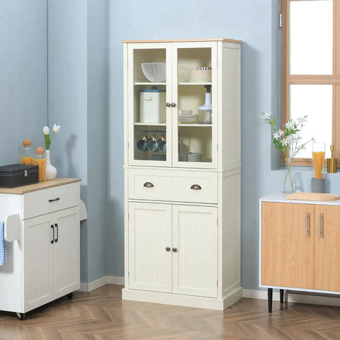 Rootz Kitchen Cabinet - Freestanding Kitchen Cupboard - 5-tier Storage Cabinet - 2 Cabinets - 2 Drawers - 2 Glass Doors With Window Bars - Creamy White - 76 cm x 40 cm x 182.5 cm