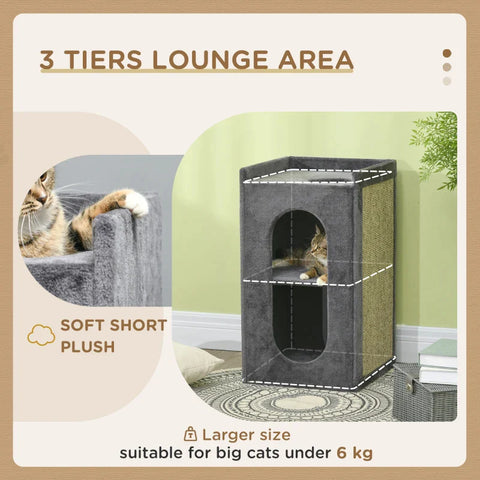 Rootz Scratching Barrel With 2 Cat Caves - Cat Tower - 1 Lying Surface - Sisal Scratching Mat - Plush - Chipboard - Gray + Natural - 45L x 45W x 81H cm