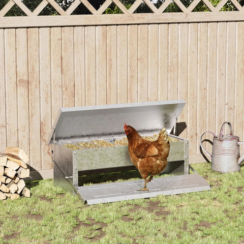 Rootz Hühnerfutterstation – Futterautomat für 5 Hühner – verzinktes Eisen – Aluminium – Silber – 56 B x 36 T x 18,5 H cm