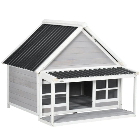 Rootz Dog Kennel with Porch - Dog House - Weather Resistant - Treated Fir Wood - 3 Windows - Fir Wood - Light Gray + White - 126cm x 118cm x 105cm