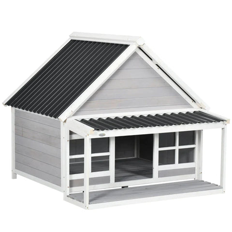 Rootz Hondenkennel met veranda - Hondenhuis - Weerbestendig - Behandeld dennenhout - 3 ramen - Dennenhout - Lichtgrijs + Wit - 126 cm x 118 cm x 105 cm