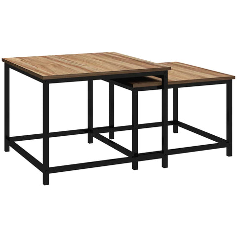 Rootz Nesting Table - Set Of 2 Side Tables - Industrial Design - Black Steel Frame - Table Top In Wood Look - Chipboard - Natural Wood - 60cm x 60cm x 45cm