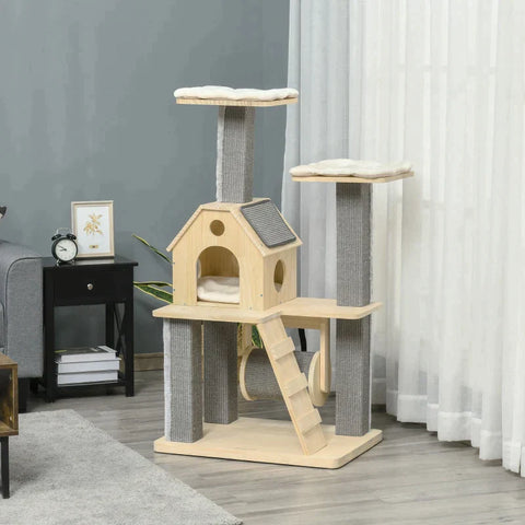Rootz Scratching Post - Cat Roll - Cat Tree - Cat Climbing Tree - Cat Cave - Cat House - Pine Wood/Sisal/Plush - Natural/Grey - 70L x 50W x 125H cm