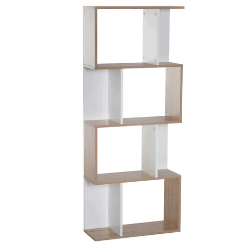 Rootz Bookshelf - Four-Tier S-shaped bookshelf - White & Oak Tone - 60W x 24D x 148H cm