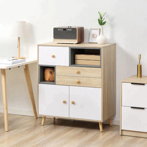 Rootz Sideboard - Sideboard Storage Cabinet - Sideboard In Scandi Design - 2 Drawers - 2 Shelves - 3 Cabinets - White + Natural + Grey - 80 cm x 40 cm x 95.6 cm