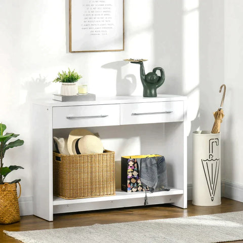 Rootz Console Table - Side Table with Bottom Shelf and Storage Drawers - Narrow Sofa Table - Hallway Table for Living Room - Entryway - White - 101.6 x 28 x 76.2 cm