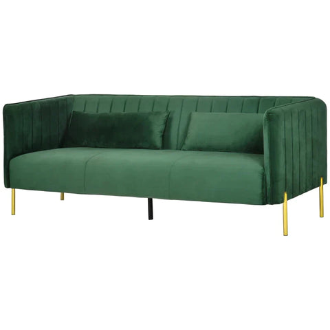 Rootz Sofa - 3 Seater Sofa - Retro Design - Including 2 Sofa Cushions - Velvet Look - Tufting - Green/Gold - 195 cm x 88 cm x 76 cm