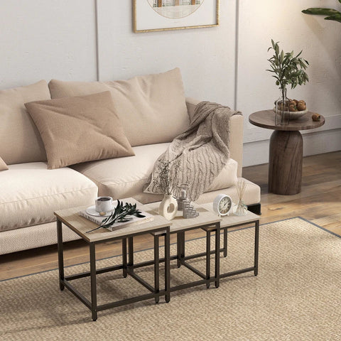 Rootz Nesting Table - Set Of 3 Side Tables - Industrial Design - Black Steel Frame - Table Top In Wood Look - Chipboard - Natural Wood - 45L x 45W x 44H cm
