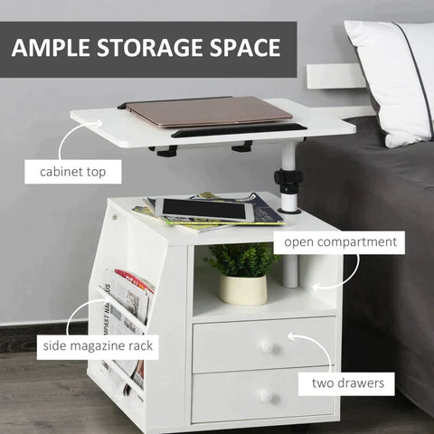 Rootz Side Trolley - Side Table - Flexible Tabletop - 2 Drawers - Newspaper Compartment - 4 Wheels - White - 60 x 40 x 90 cm