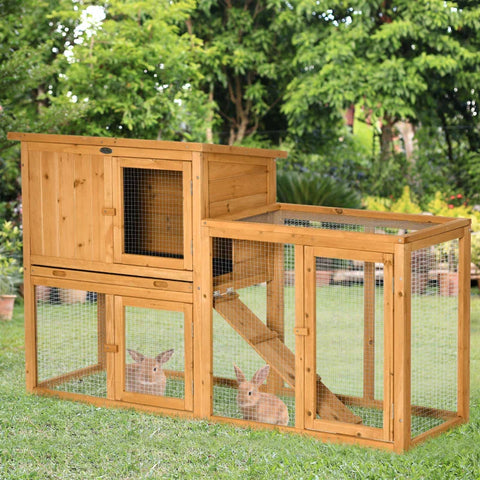 Rootz Small Animal Hutch - Rabbit Hutch - With Outdoor Enclosure - Removable Floor Pan - Weather Resistant - Fir Wood - Brown - 141cm x 60cm x 86cm