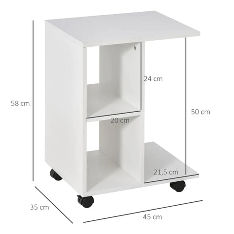 Rootz C Shape Side Table - Coffee Table - Stand Table - Corner Desk -Portable Sofa Table with Shelf - Wheels for Small Area - E1 Chipboard - White - 45 x 35 x 58 cm