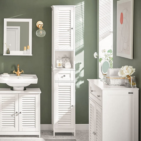 Rootz Bathroom Tall Cabinet - Bathroom Storage Cabinet with 2 Shutter Doors and 1 Drawer