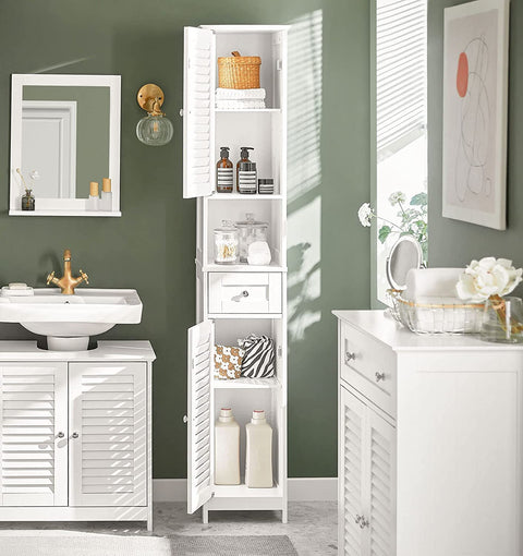 Rootz Bathroom Tall Cabinet - Bathroom Storage Cabinet with 2 Shutter Doors and 1 Drawer