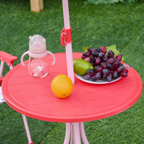 Rootz Children's Seating Group - Garden Table - Folding Chairs - With Parasol - Metal - Red