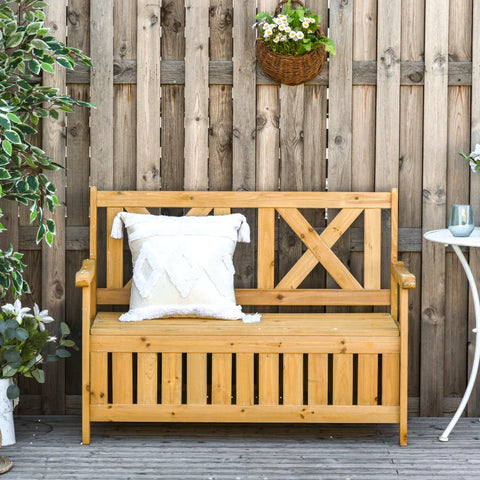Rootz 2-seater Bench - Garden Storage Bench - Wooden Bench - Bench With Armrests - Outdoor Seating - Solid Wood - Yellow - 115 x 61 x 85 cm