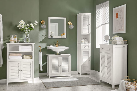 Rootz Bathroom Tall Cabinet - Bathroom Storage Cabinet with 2 Shutter Doors and 1 Drawer