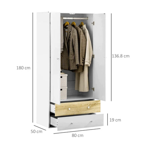 Rootz Wardrobe - Door Wardrobe - With Drawers And Hanging Rod - Particle Board - White/Oak - 80cm x 50cm x 180cm