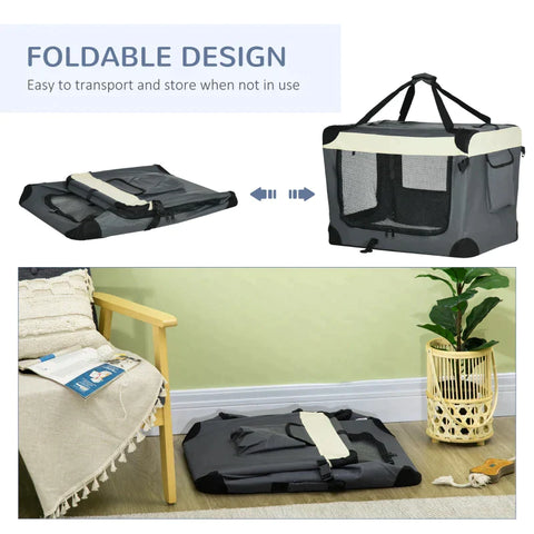 Rootz Transport Bag - Transport Box For Cats And Small Dogs - Foldable - 3 Doors - Gray + Black - 70 x 51 x 50 cm