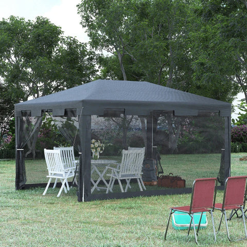 Rootz Pavilion - Party Tent - Garden Gazebo - Garden Tent - Marquee with Side Walls - Metal - PE - White + Dark Gray + Black - 4 x 3 m