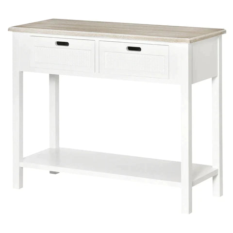 Rootz Console Table - Console Table With 2 Drawers - Retro Design Entrance Hall - Living Room - Bedroom - White + Natural - 100 cm x 40 cm x 80 cm