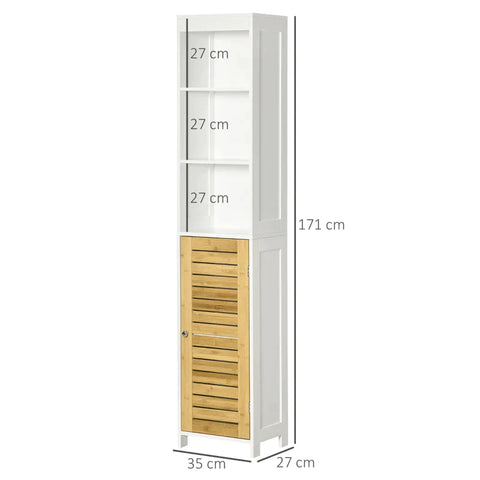 Rootz Bathroom Cabinet - Bathroom Shelf - Bathroom Storage Cabinet - 3 Open Compartments - Closet Compartment - With Bamboo Doors - MDF/Bamboo - White - 35 x 27 x 171cm