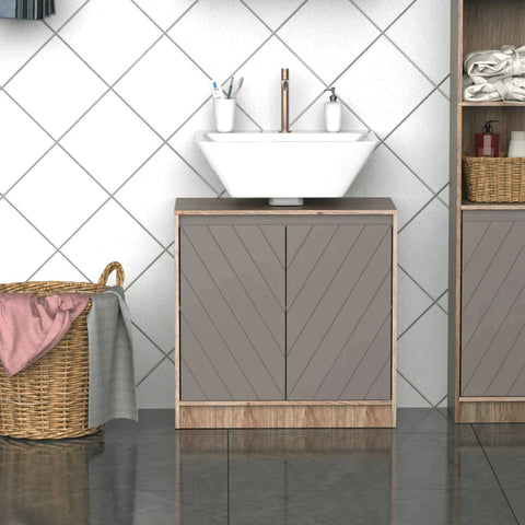 Rootz Cabinet - Washbasin Cabinet - Bathroom Cabinet - Bathroom Furniture - 2 Doors Cabinet - Gray/Oak - 60 x 30 x 59.8 cm