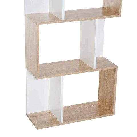 Rootz Bookshelf - Four-Tier S-shaped bookshelf - White & Oak Tone - 60W x 24D x 148H cm