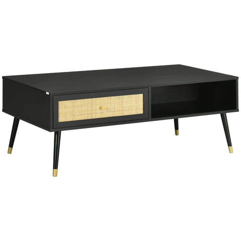 Rootz Coffee Table - Boho Design - 1 Drawer - 2 Compartments - Living Room Table - Rattan Element - Black + Natural - 120L x 59W x 45H cm