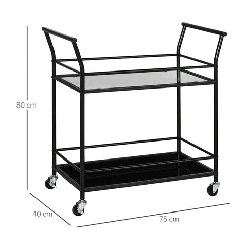 Rootz Kitchen Trolley - Serving Trolley - With 4 Wheels - 2 Shelves And Handles - Black - 75 cm x 40 cm x 80 cm