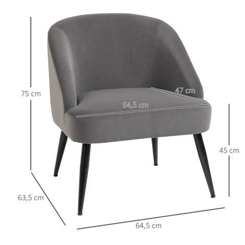 Rootz Retro Design Armchair - Accent Chair - Small Armchair - Upholstered Chairs - Velvet Look - Steel Legs - Gray - 64.5L x 63.5W x 75Hcm